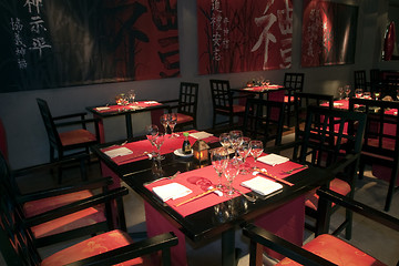 Image showing Restoraunt table set awaiting guests