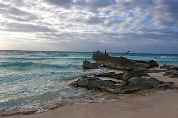 Image showing Pelicans sitting on rocks in Caribbean sea