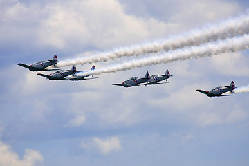 Image showing Several planes performing in an air show at Jones Beach