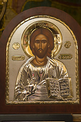 Image showing Golden Icon of Jesus Christ in brown frame 