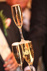 Image showing Pouring champagne into a glass on a wedding celebration
