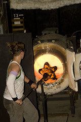 Image showing Glass furnace. Glass Blower at Work