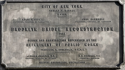 Image showing Memorial plaque at Brooklyn Bridge, New York, USA.