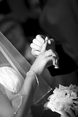 Image showing Groom putting a wedding ring on bride's finger 