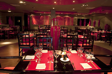 Image showing Restoraunt table set awaiting guests