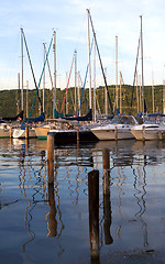 Image showing Watkins Glen.  Sails boat in Senica lake at sunset 