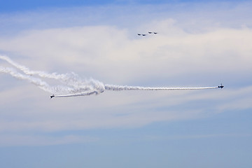 Image showing Several planes performing in an air show at Jones Beach