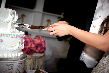 Image showing Bride and Groom Cutting the Cake 