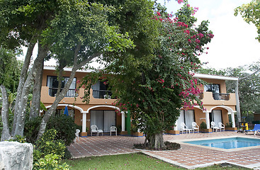 Image showing Beautiful pool and patio in tropical setting 