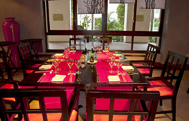 Image showing Restoraunt table set awaiting guests