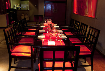 Image showing Restoraunt table set awaiting guests