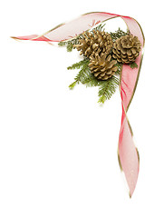Image showing Pine Cones, Red Ribbon and Pine Branches Isolated on White