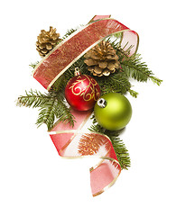 Image showing Christmas Ornaments, Pine Cones, Red Ribbon and Pine Branches on