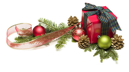 Image showing Christmas Present with Ribbon, Pine Cones and Ornaments