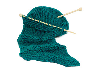 Image showing Scarf on knitting needles with a ball of wool 