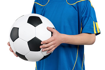 Image showing Boy in ukrainian national soccer uniform