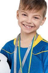 Image showing Boy in ukrainian national soccer uniform