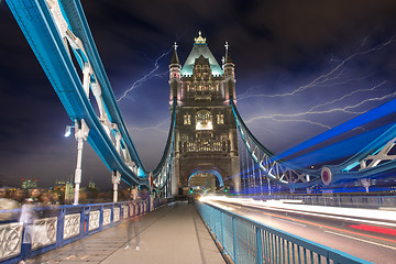 Image showing Tower Bridge at Night with car light trails - London