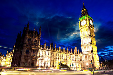 Image showing Big Ben and House of Parliament at dusk from Westminster Bridge 