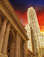 Image showing New York City Manhattan sunset skyline with office building skys