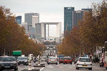 Image showing PARIS - SEP 22: La Grande Arche in Paris at sunset with car traf