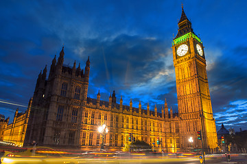 Image showing Big Ben and House of Parliament at dusk from Westminster Bridge 