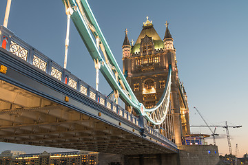 Image showing Famous Tower Bridge at night, seen from Tower of London Area, UK