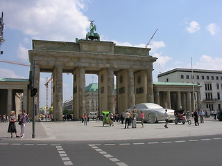Image showing BERLIN - MAY 20: Tourists walk in front of Brandenburg Gate, May
