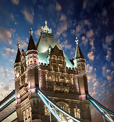 Image showing Lights and Colors of Tower Bridge at Night - London