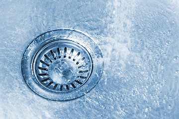 Image showing Pure water running into kitchen sink drain