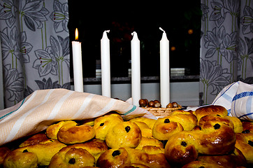 Image showing Saffron buns and advent candle