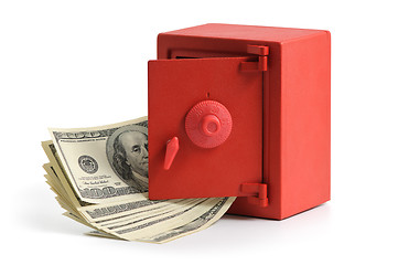 Image showing little red safe with dollar bills