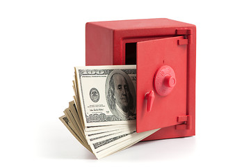 Image showing little red safe with dollar bills