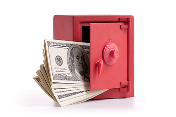 Image showing little red safe with dollar bills