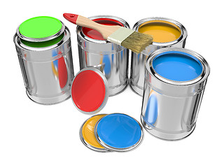 Image showing Group of Colorful Paint Cans with Paintbrush.