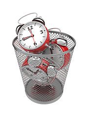 Image showing Wasting Time Concept: Clocks in Trash Bin.