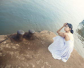 Image showing Lady at the wharf