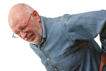 Image showing Senior Man with Hurting Back on White