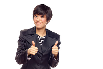 Image showing Happy Young Mixed Race Woman With Thumbs Up on White