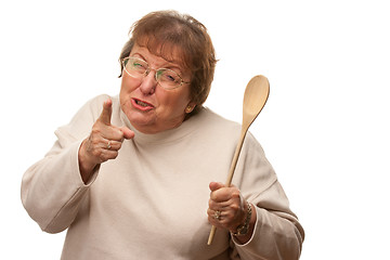 Image showing Upset Senior Woman with The Wooden Spoon