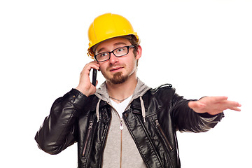 Image showing Handsome Young Man in Hard Hat on Phone