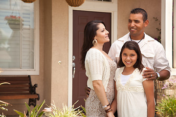 Image showing Small Happy Hispanic Family in Front of Their Home