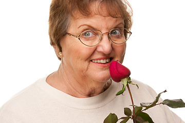 Image showing Attractive Senior Woman with Red Rose
