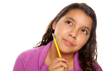 Image showing Pretty Hispanic Girl Thinking with Pencil