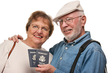 Image showing Happy Senior Couple with Passports and Bags on White