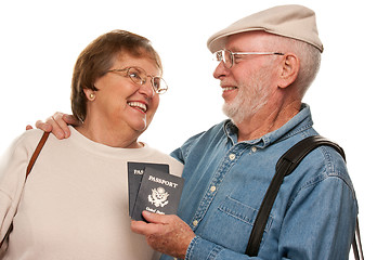 Image showing Happy Senior Couple with Passports and Bags on White