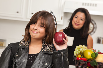 Image showing Pretty Hispanic Girl Ready for School with Mom