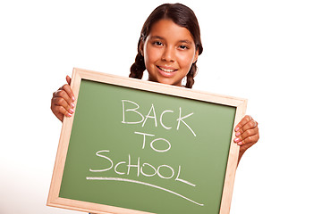 Image showing Pretty Hispanic Girl Holding Chalkboard with Back To School