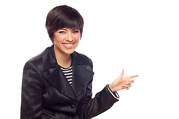 Image showing Happy Young Mixed Race Woman Pointing to the Side