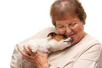 Image showing Happy Attractive Senior Woman with Puppy on White